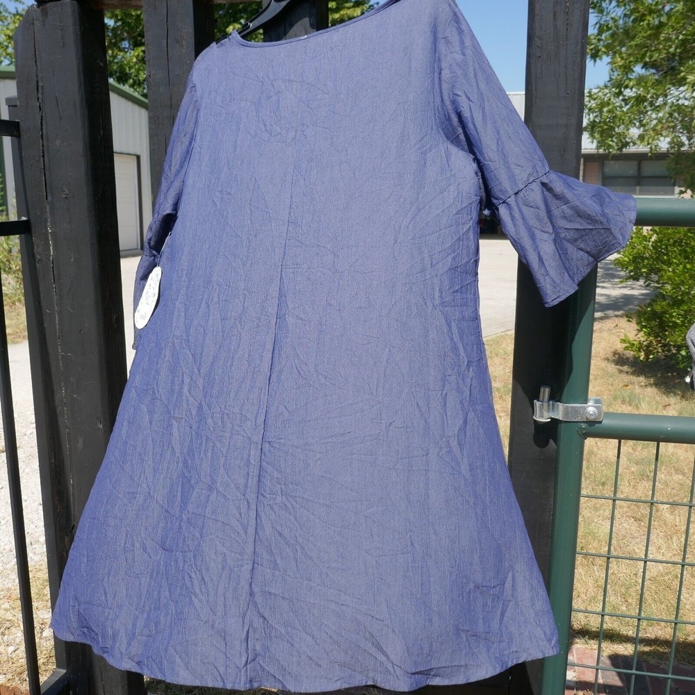 Naif Pullover Swing Dress Denim Blue Chambray NWT 1X Bell Sleeve - Picture 6 of 9